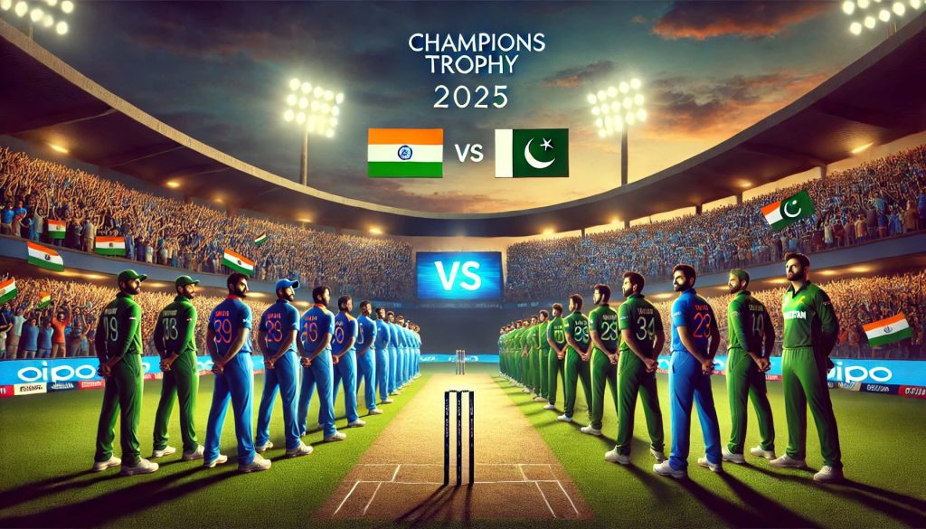 DALL·E 2025-02-21 17.58.38 - A high-stakes cricket match in a packed stadium with an electrifying atmosphere. The Indian and Pakistani cricket teams, dressed in their official jer (1)